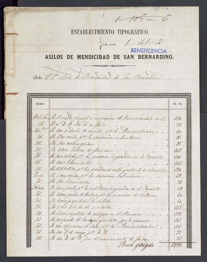 Establecimiento Tipogrfico : Asilos de mendicidad de san Bernardino de la Secretara de la Exma. Junta Municipal de beneficencia de la corte.