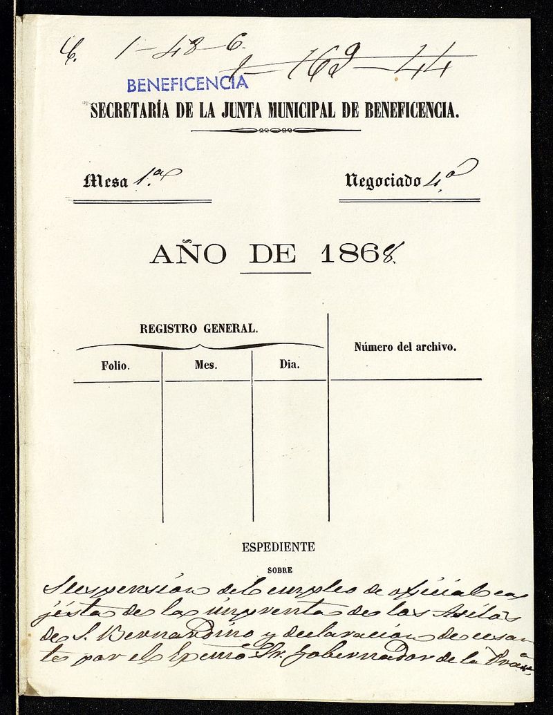 Expediente sobre suspensión del empleo de oficial cajista de la imprenta de los asilos de S. Bernardino (D. Antonio Bonet y Teruel) y declaración de cesante por el Exmo. Sr. Gobernador de la misma.