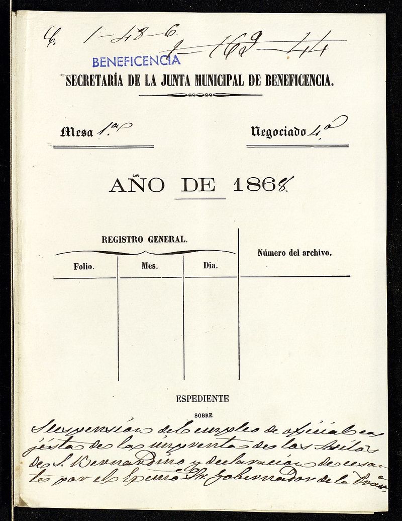 Expediente sobre suspensin del empleo de oficial cajista de la imprenta de los asilos de S. Bernardino (D. Antonio Bonet y Teruel) y declaracin de cesante por el Exmo. Sr. Gobernador de la misma.