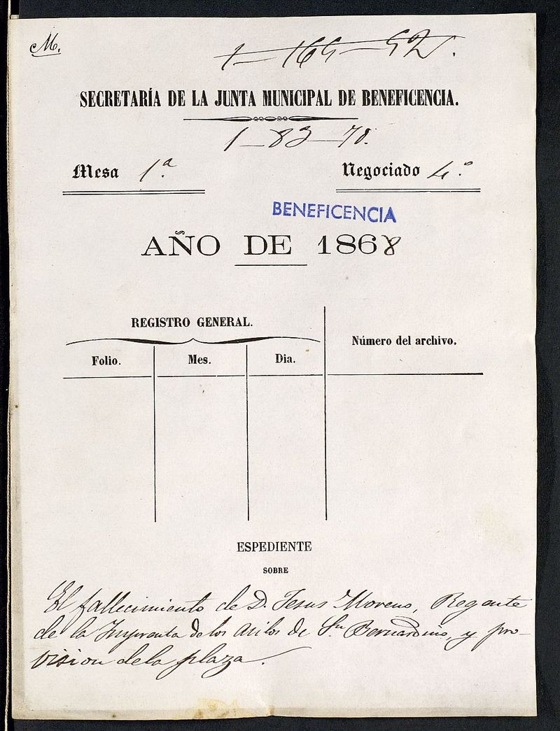Expediente sobre El fallecimiento de D. Jesús Moreno, regente de la Imprenta de los asilos de S. Bernardino y provisión de la plaza.