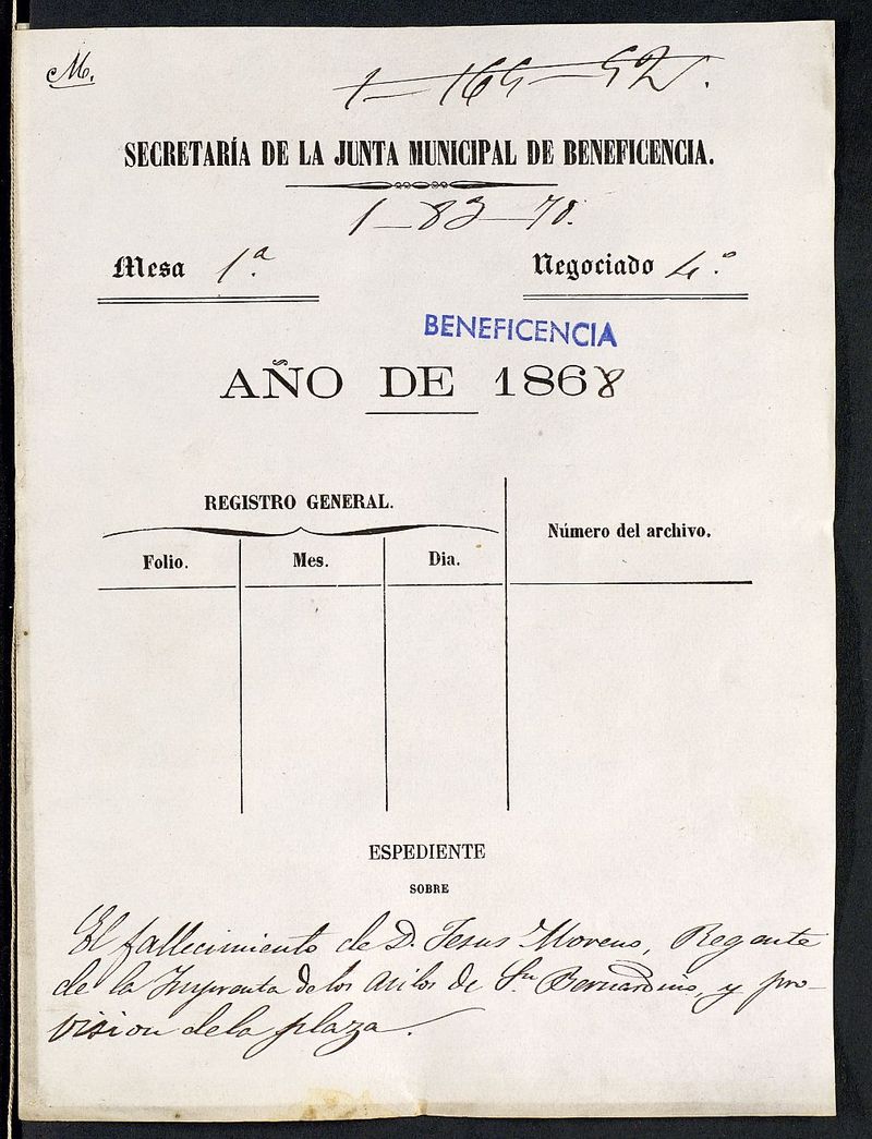 Expediente sobre El fallecimiento de D. Jess Moreno, regente de la Imprenta de los asilos de S. Bernardino y provisin de la plaza.