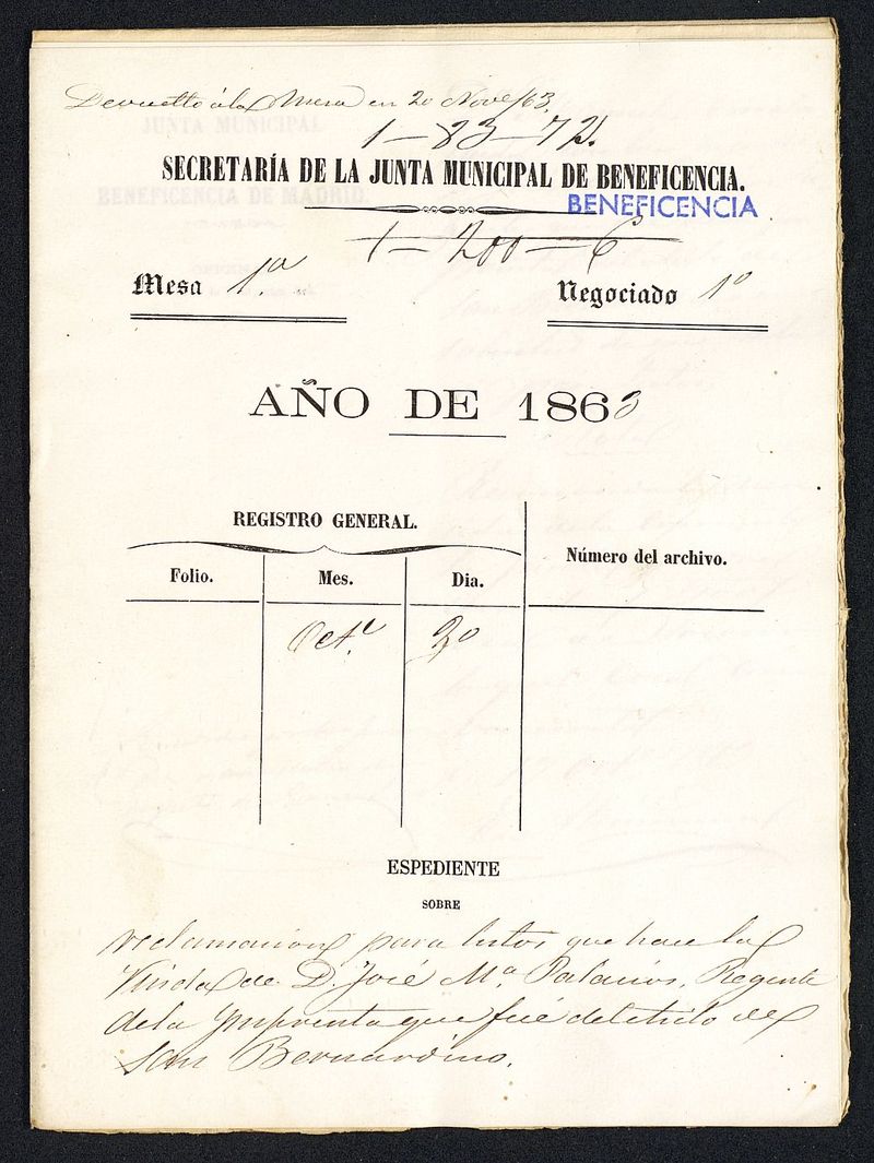 Reclamación para lutos que hace la viuda de D. Jose Mª Palacios, Regente de la Imprenta de San Bernardino.
