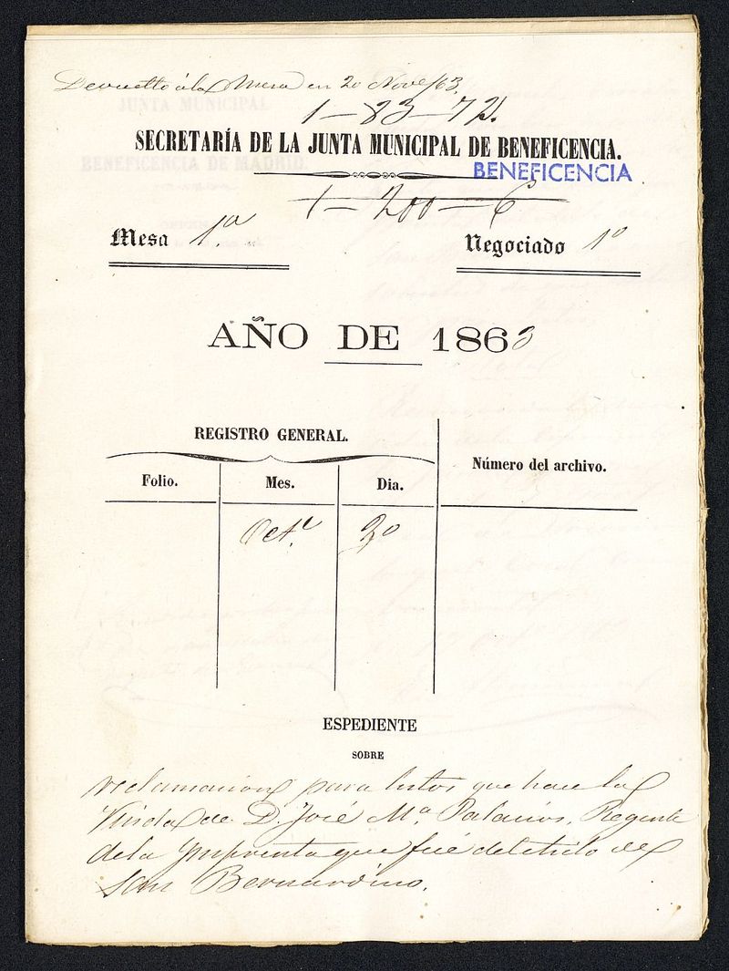 Reclamacin para lutos que hace la viuda de D. Jose M Palacios, Regente de la Imprenta de San Bernardino.