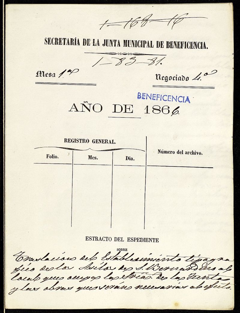 Traslacin del establecimiento tipogrfico de los asilos de S. Bernardino al local que ocupa la [...] de la junta y las obras que sern necesarias al efecto