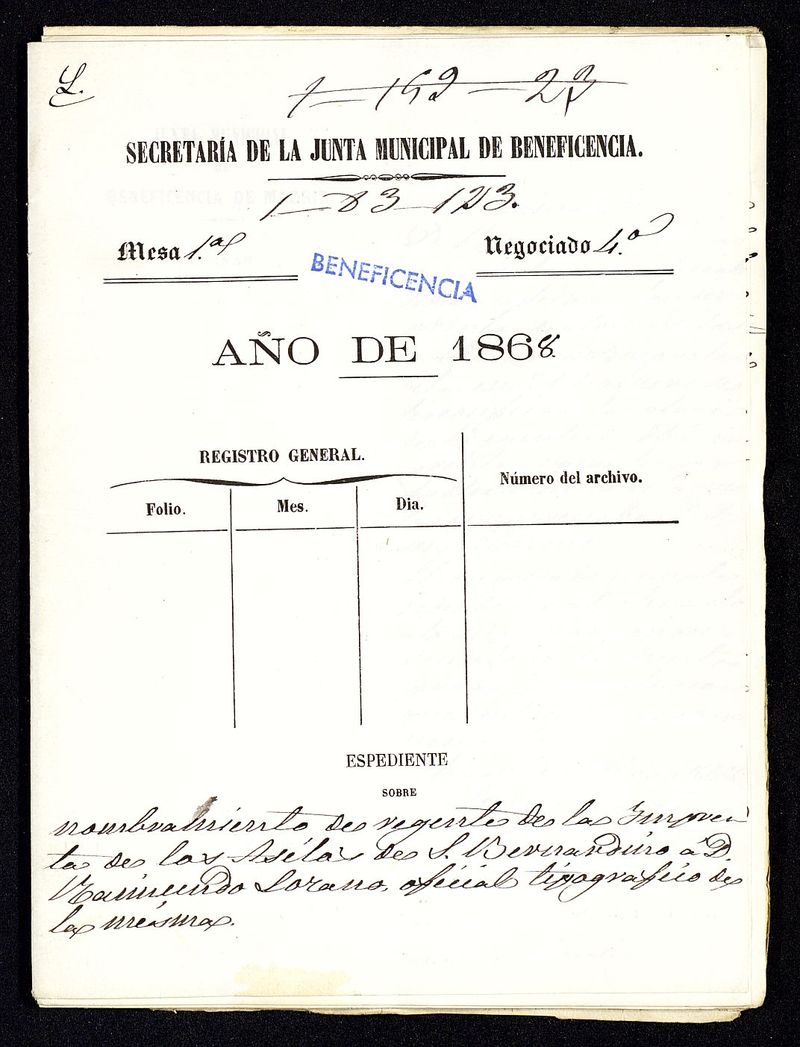 Expediente sobre nombramiento de regente de la Imprenta de los asilos de San Bernardino a D. Raimundo Lozano oficial tipográfico de la misma