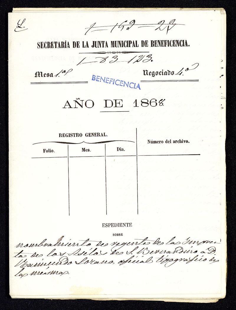 Expediente sobre nombramiento de regente de la Imprenta de los asilos de San Bernardino a D. Raimundo Lozano oficial tipogrfico de la misma