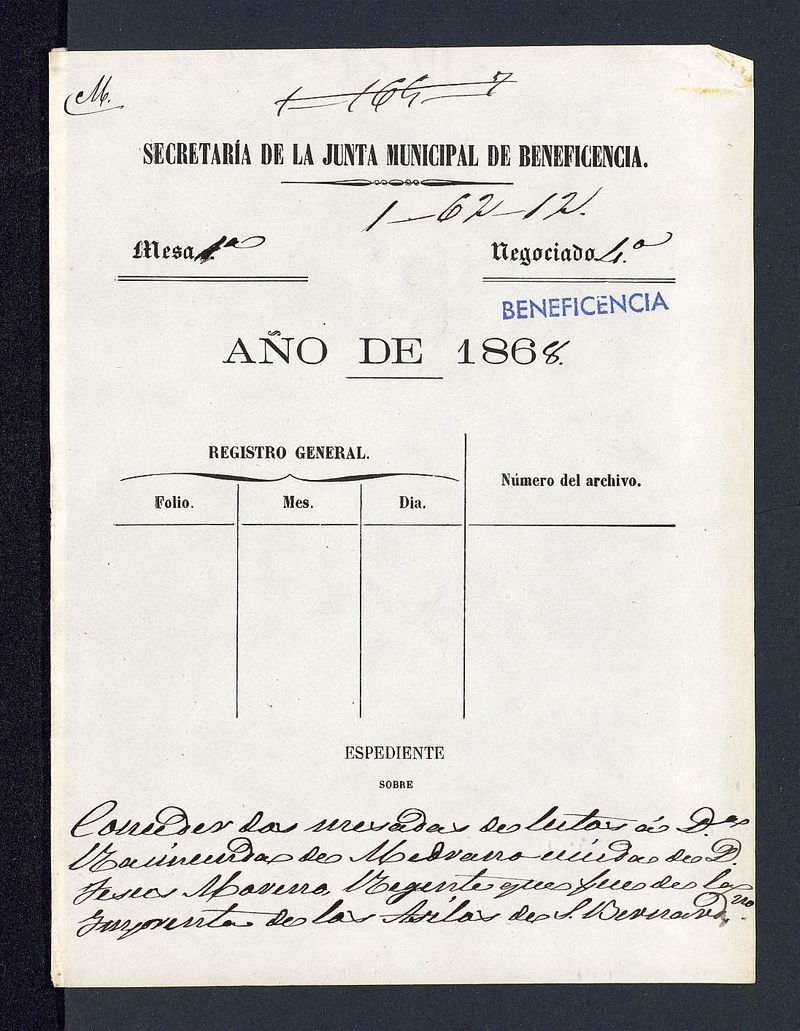 Expediente sobre conceder la mesada de luto a D Raimunda de Medrano, viuda de D. Jesus Moreno, regente que fue de la Imprenta de los Asilos de S. Bernardino