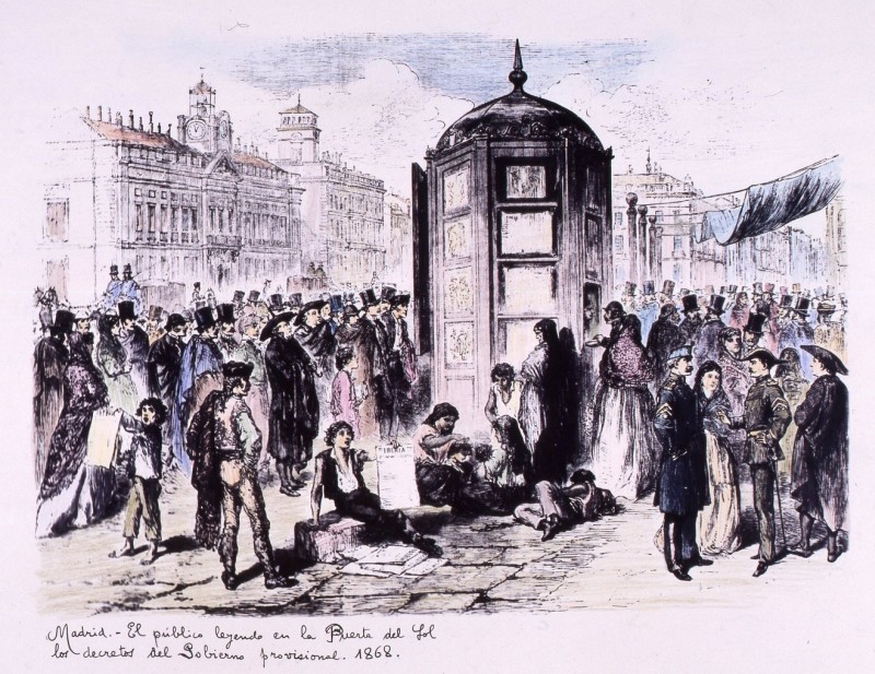 El público leyendo en la Puerta del Sol los decretos del Gobierno provisional. 1868