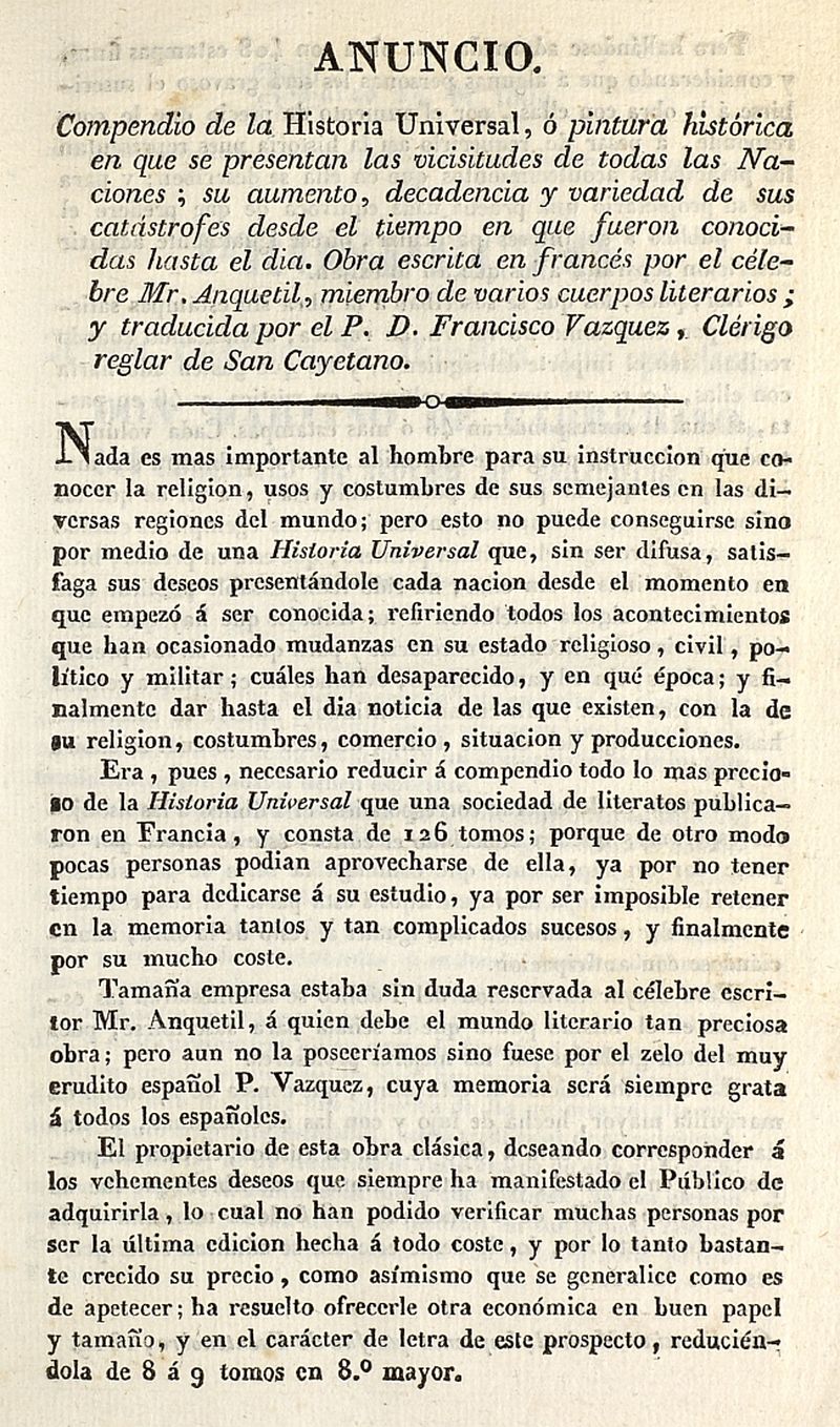 Anuncio, compendio de la historia universal, o pintura histrica en que se presentan las vicisitudes de todas las naciones