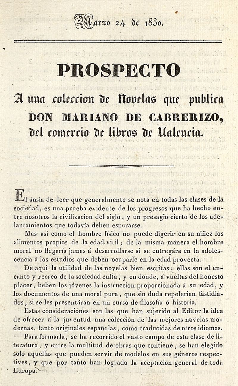 Prospecto a una colección de novelas que publica Don Mariano de Cabrerizo del comercio de libros de Valencia