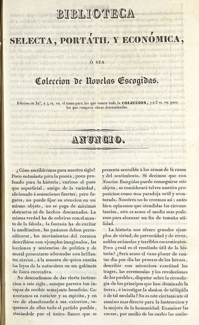 Biblioteca selecta, porttil y econmica, o sea coleccin de novelas escogidas, anuncio