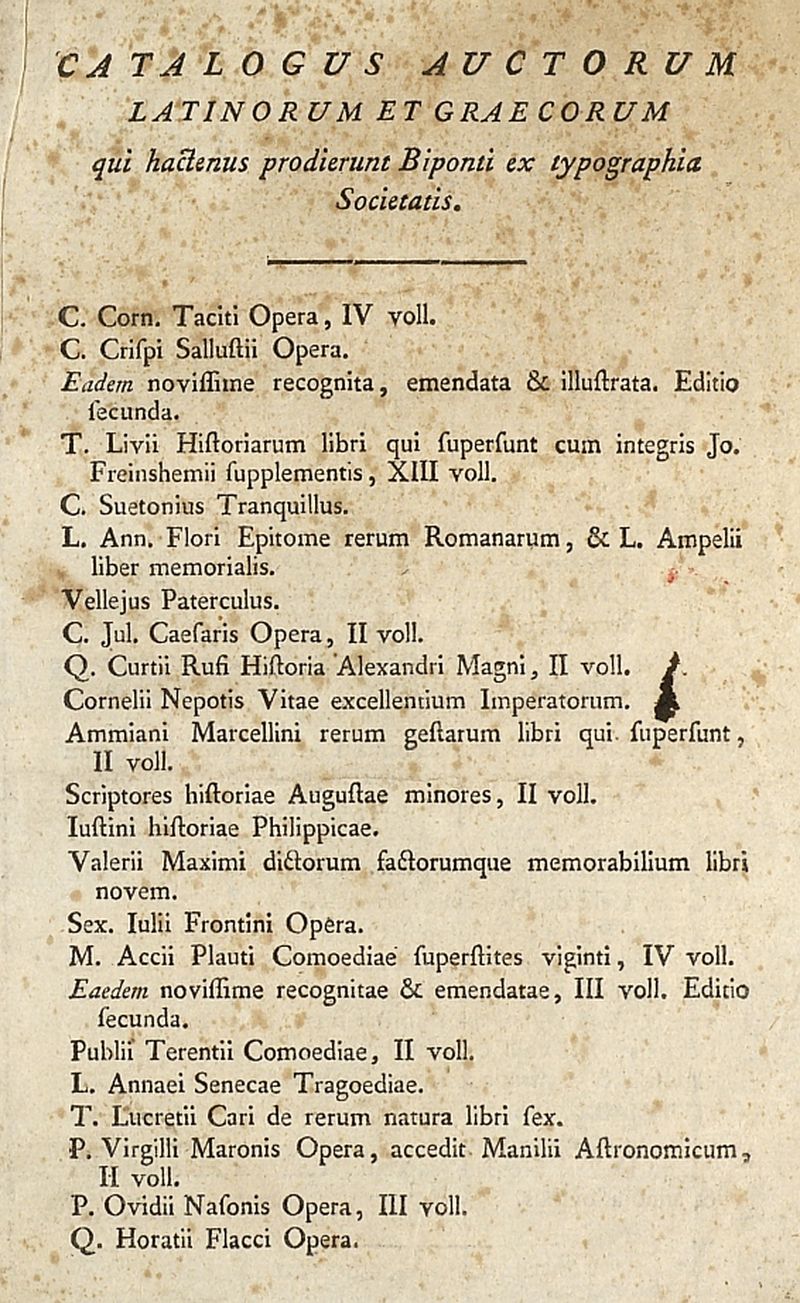 Catalogus auctorum latinorum et graecorum qui hactenus prodierunt Biponti ex typographia Societatis