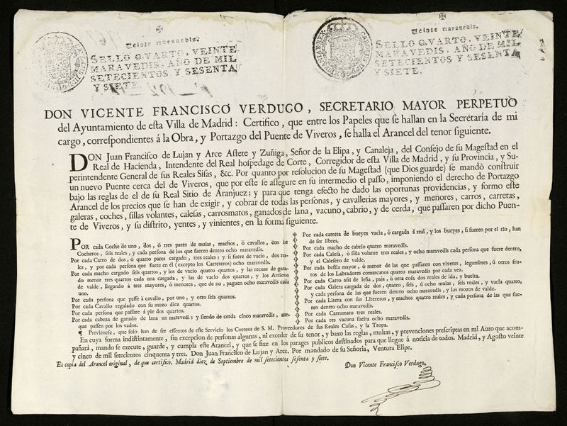 Certificado de D. Francisco Verdugo, secretario mayor perpetuo del Ayuntamiento de Madrid sobre los aranceles que se habrán de pagar en el Puente de Viveros.