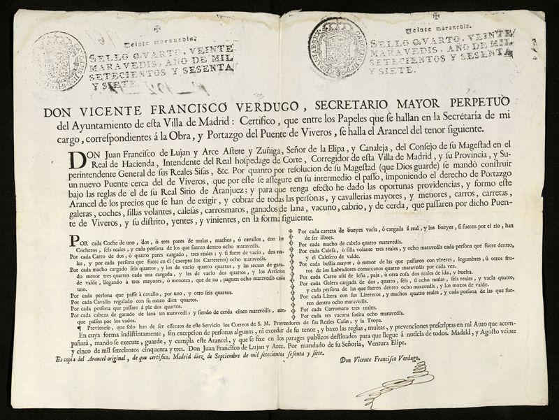 Certificado de D. Francisco Verdugo, secretario mayor perpetuo del Ayuntamiento de Madrid sobre los aranceles que se habrn de pagar en el Puente de Viveros.