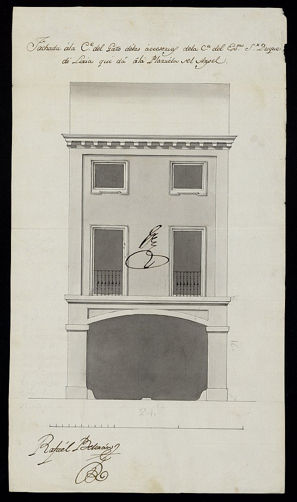 Licencia a don Fernando Ventaja, mayordomo del Duque de Liria para construir la fachada de la casa en la calle del Gato n 12, manzana 214