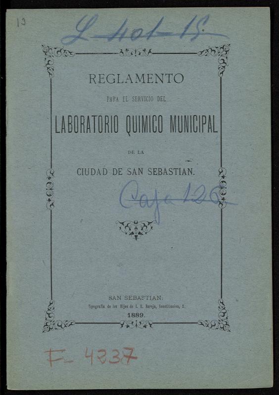 Reglamento para el servicio del laboratorio químico municipal de la ciudad de San Sebastian
