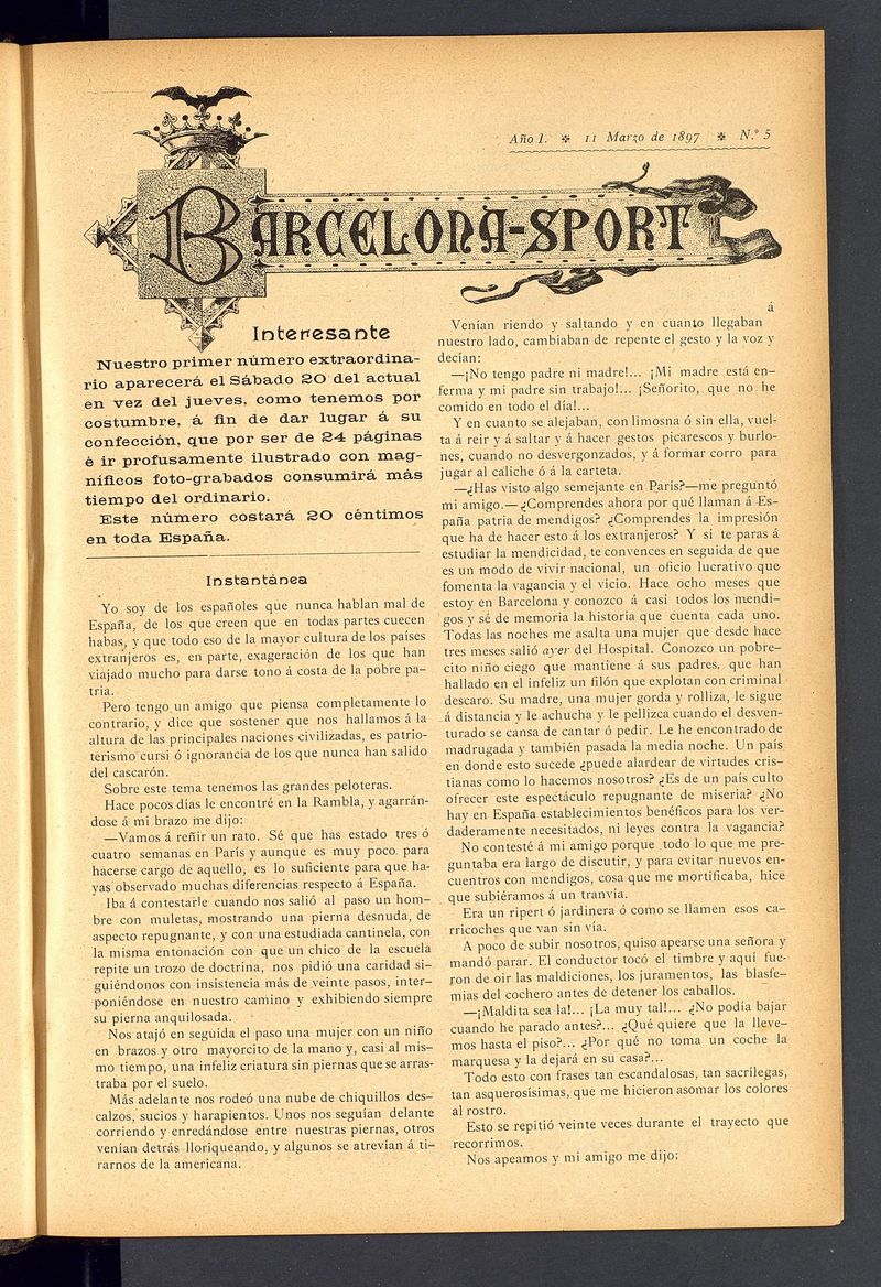 Barcelona Sport. 11 de Marzo de 1897