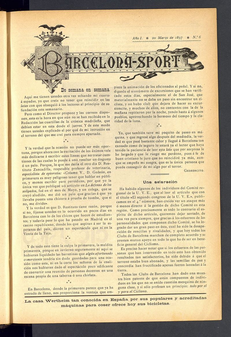 Barcelona Sport. 20 de Marzo de 1897