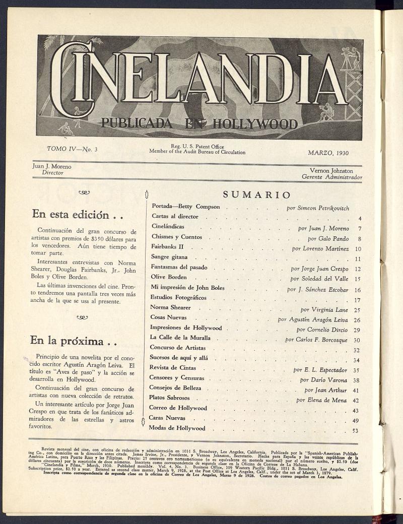 Cinelandia y Films : La Mejor Revista Cinematogrfica. Marzo 1930