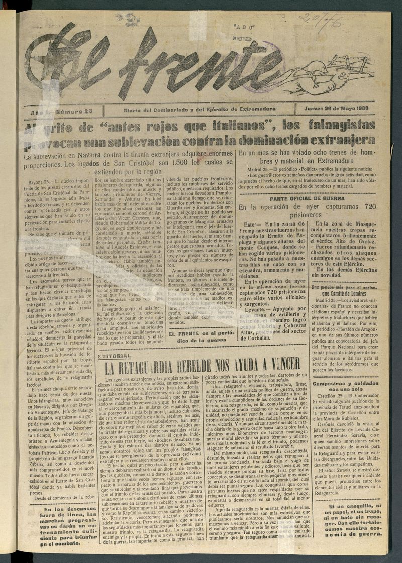 El Frente: diario del Ejrcito de Extremadura del 26 de mayo de 1938