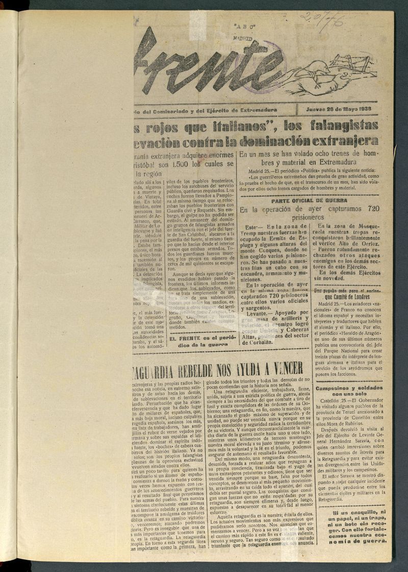 El Frente: diario del Ejrcito de Extremadura del 26 de agosto de 1938