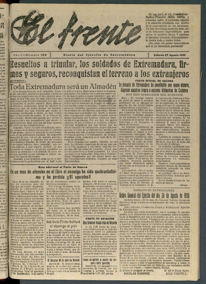 El Frente: diario del Ejrcito de Extremadura del 27 de agosto de 1938