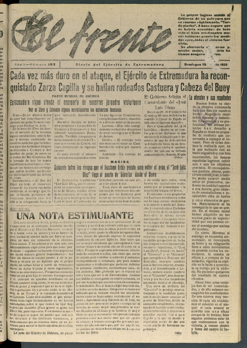 El Frente: diario del Ejrcito de Extremadura del 28 de agosto de 1938
