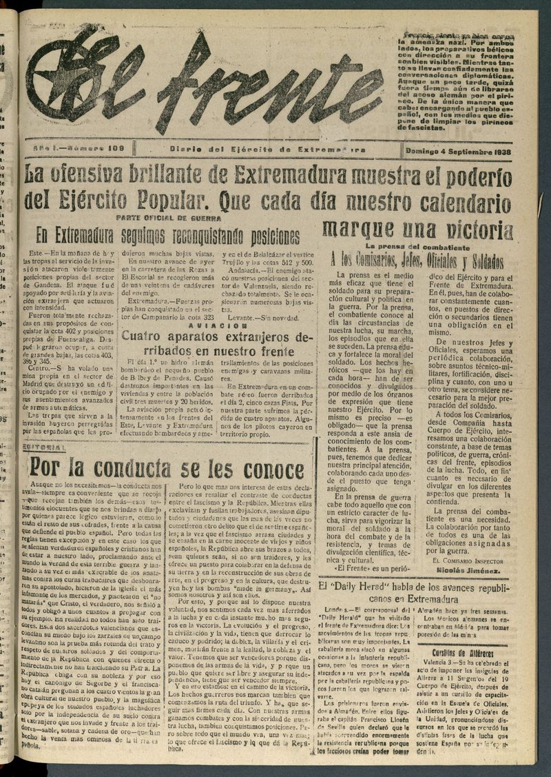El Frente: diario del Ejrcito de Extremadura del 4 de septiembre de 1938