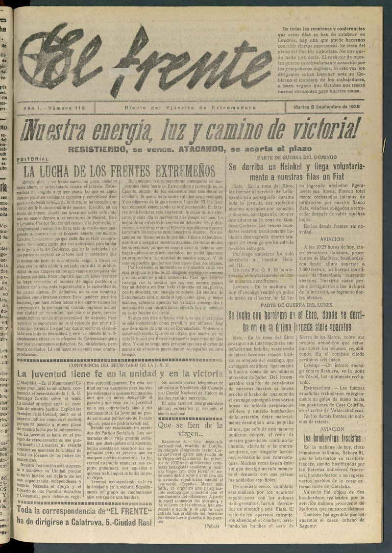 El Frente: diario del Ejrcito de Extremadura del 6 de septiembre de 1938