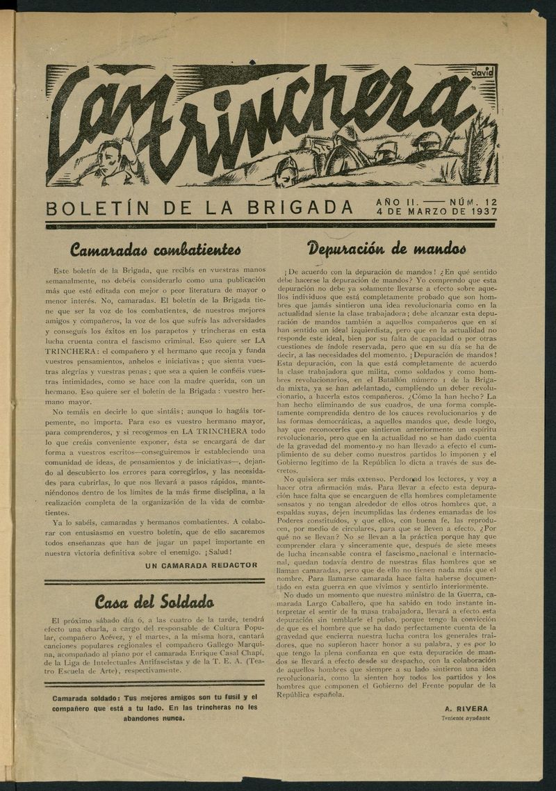La Trinchera: boletn del Frente Moncloa del 4 de marzo de 1937. N 12