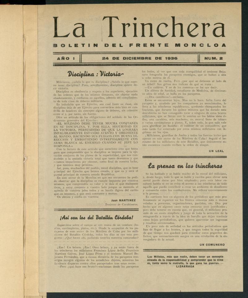 La Trinchera: boletn del Frente Moncloa del 24 de diciembre de 1936