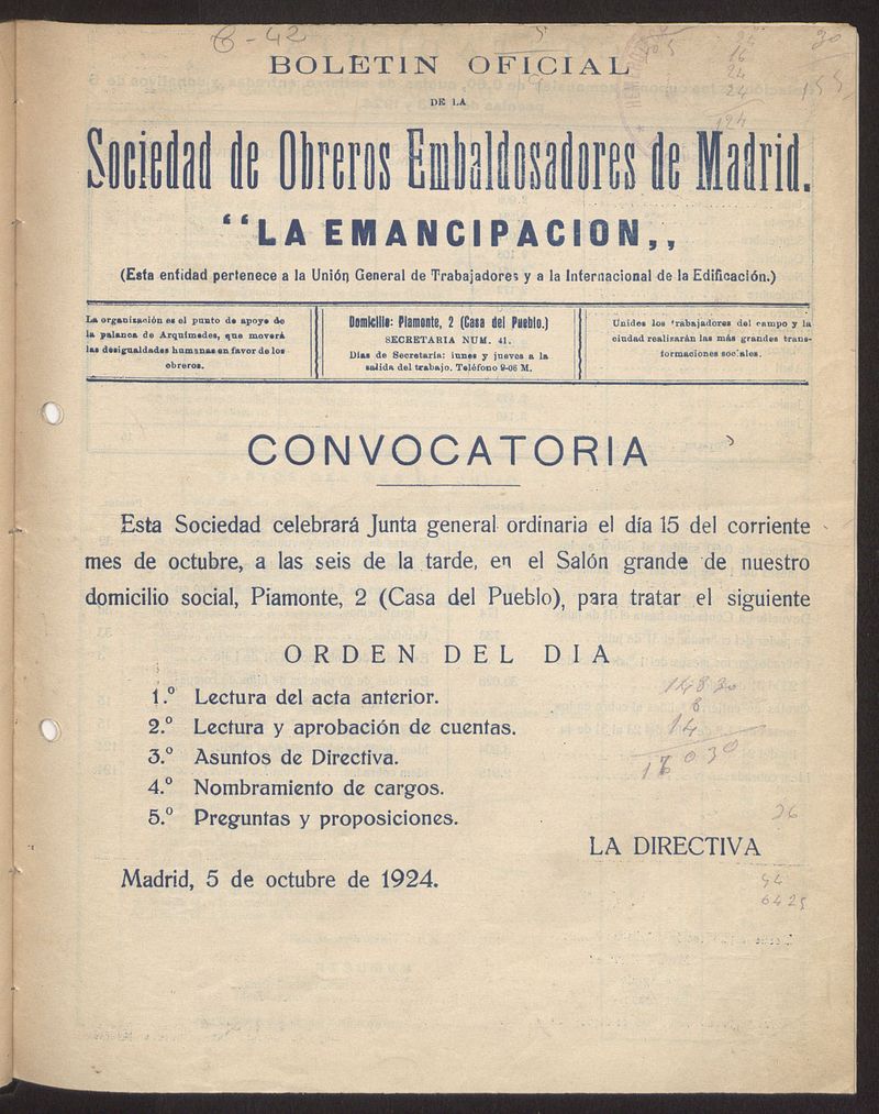 Boletn Oficial de la Sociedad de Obreros Embaldosadores de Madrid de febrero de 1924. Nmero 9