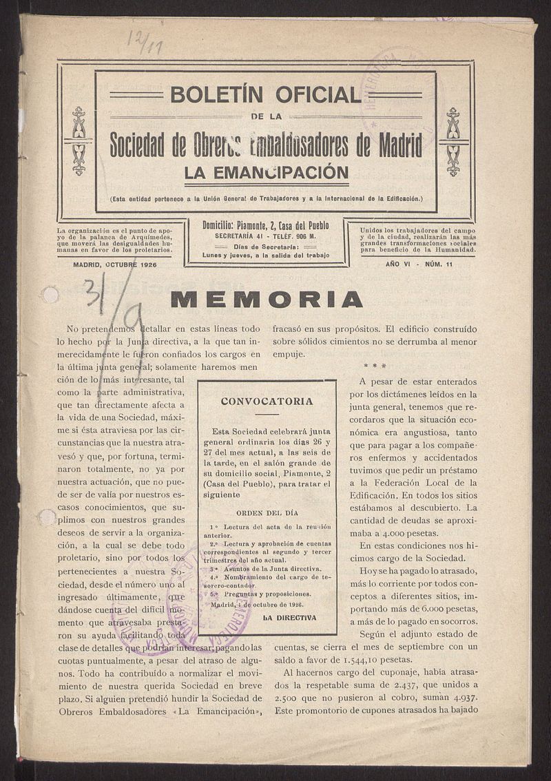 Boletn Oficial de la Sociedad de Obreros Embaldosadores de Madrid de octubre de 1926. Nmero 11