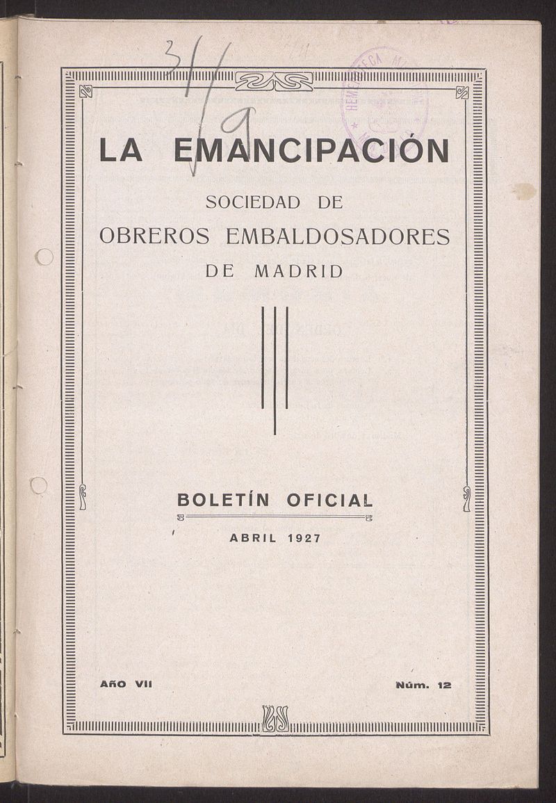 Boletn Oficial de la Sociedad de Obreros Embaldosadores de Madrid de abril de 1927. Nmero 12