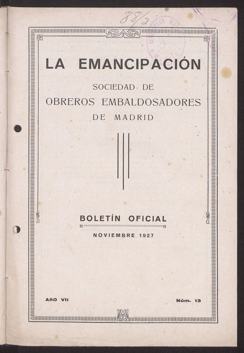 Boletn Oficial de la Sociedad de Obreros Embaldosadores de Madrid de noviembre de 1927. Nmero 13