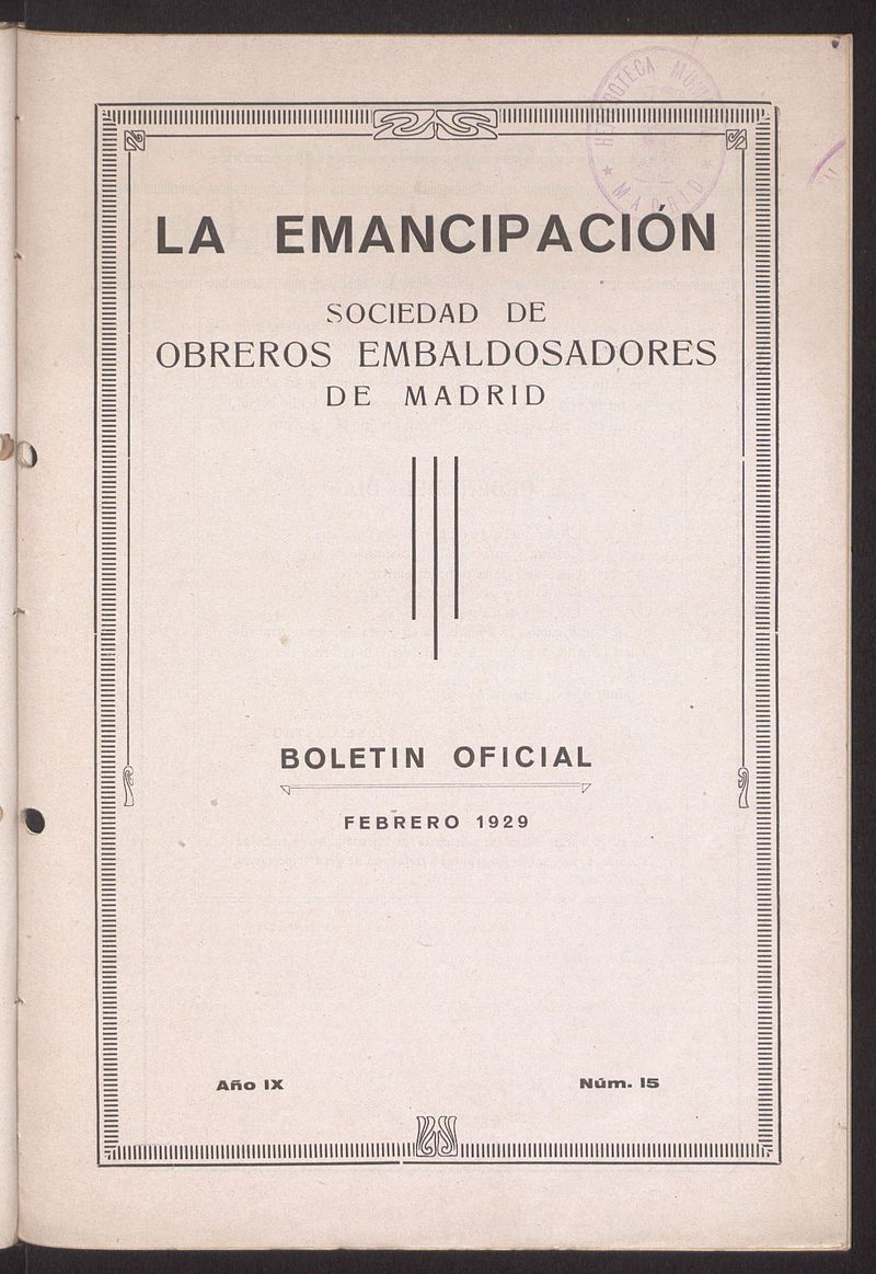 Boletn Oficial de la Sociedad de Obreros Embaldosadores de Madrid de febrero de 1929. Nmero 15