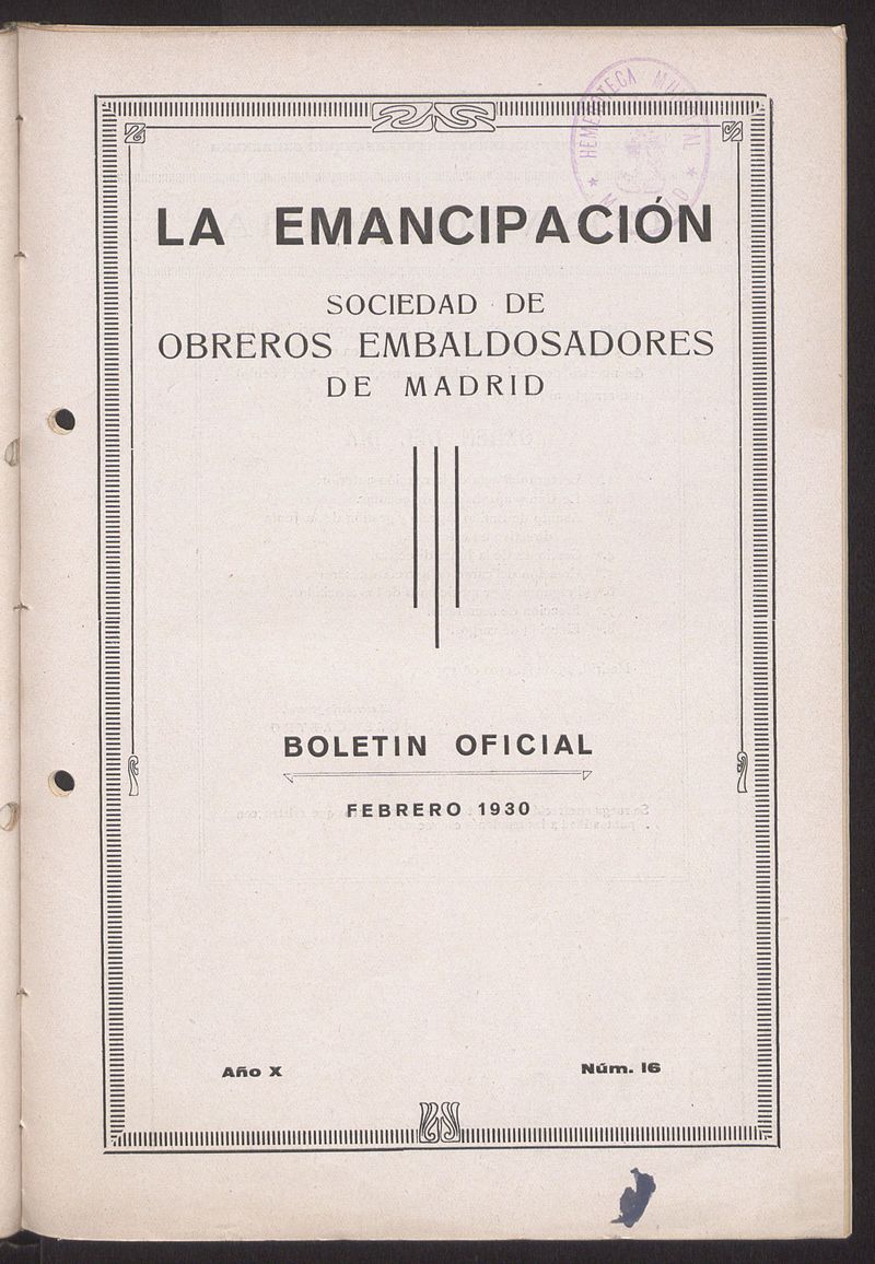 Boletn Oficial de la Sociedad de Obreros Embaldosadores de Madrid de febrero de 1930. Nmero 16