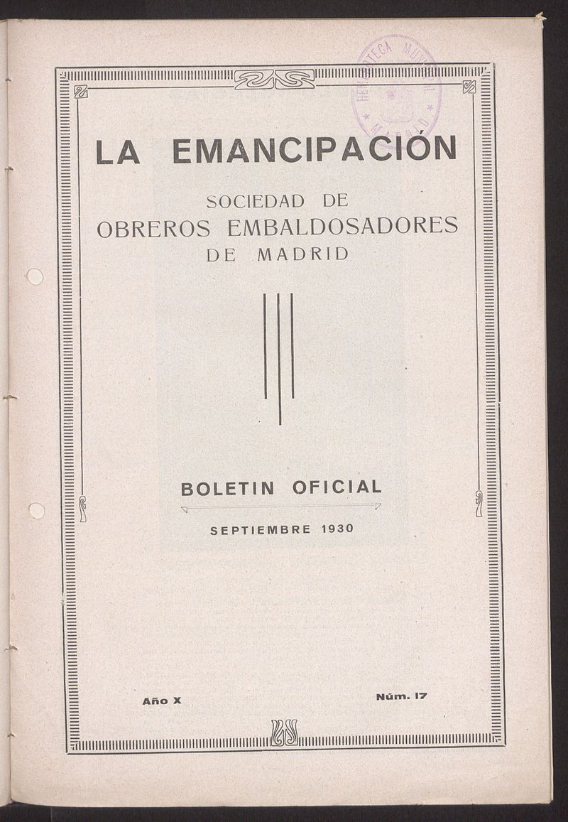 Boletn Oficial de la Sociedad de Obreros Embaldosadores de Madrid de septiembre de 1930. Nmero 17