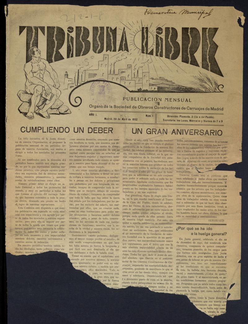 Tribuna Libre: Órgano de la Sociedad de Obreros Constructores de Carruajes de Madrid. Abril de 1932. Número 1