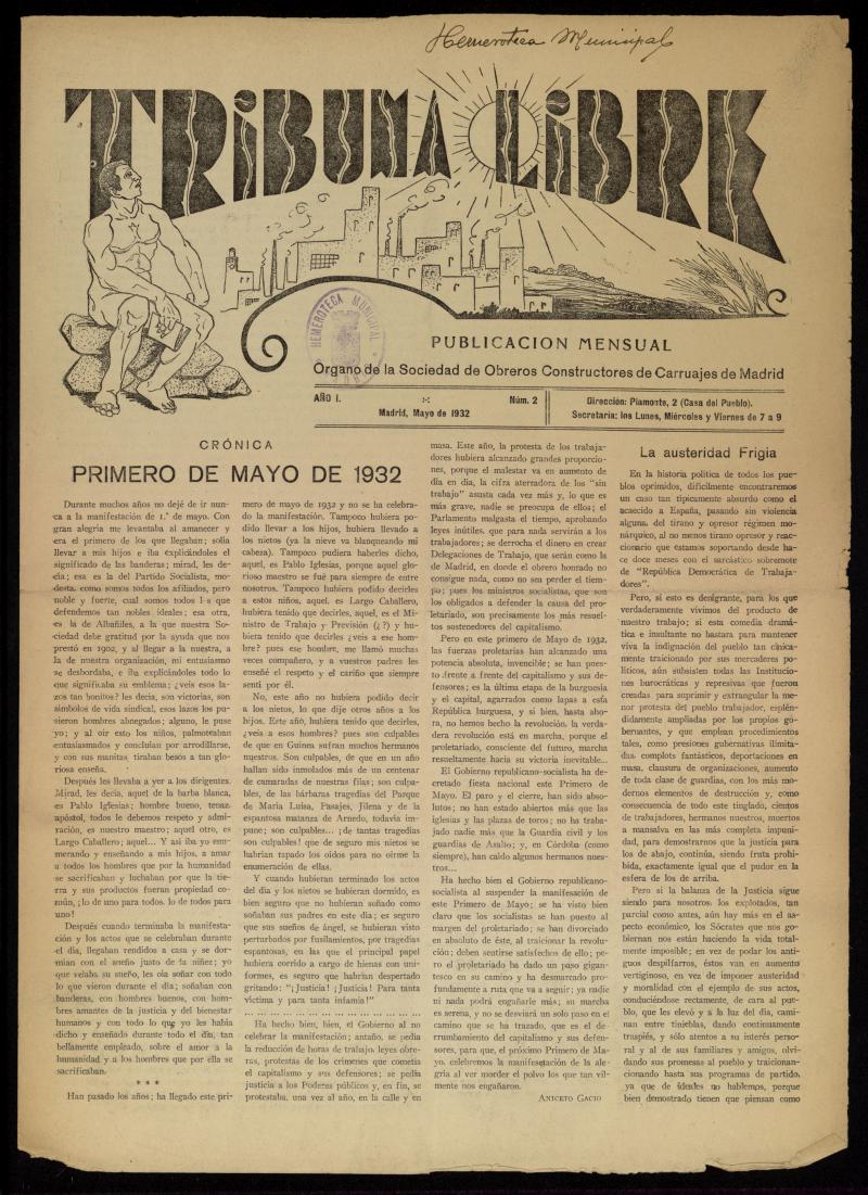 Tribuna Libre: Órgano de la Sociedad de Obreros Constructores de Carruajes de Madrid. Mayo de 1932. Número 2
