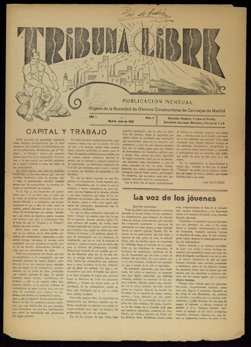 Tribuna Libre: Órgano de la Sociedad de Obreros Constructores de Carruajes de Madrid. Junio de 1932. Número 3