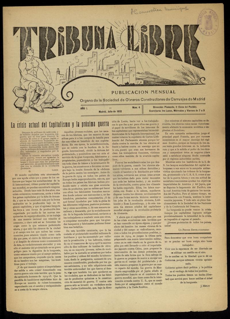 Tribuna Libre: Órgano de la Sociedad de Obreros Constructores de Carruajes de Madrid. Julio de 1932. Número 4