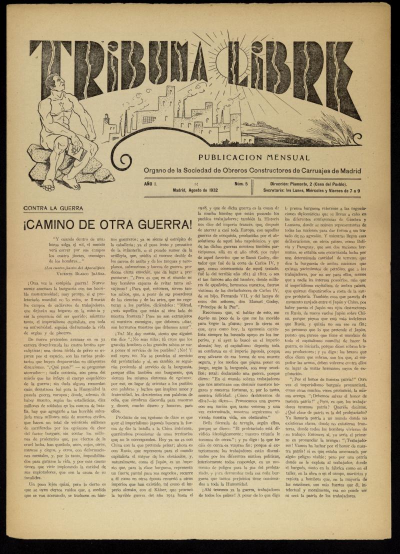 Tribuna Libre: Órgano de la Sociedad de Obreros Constructores de Carruajes de Madrid. Agosto de 1932. Número 5