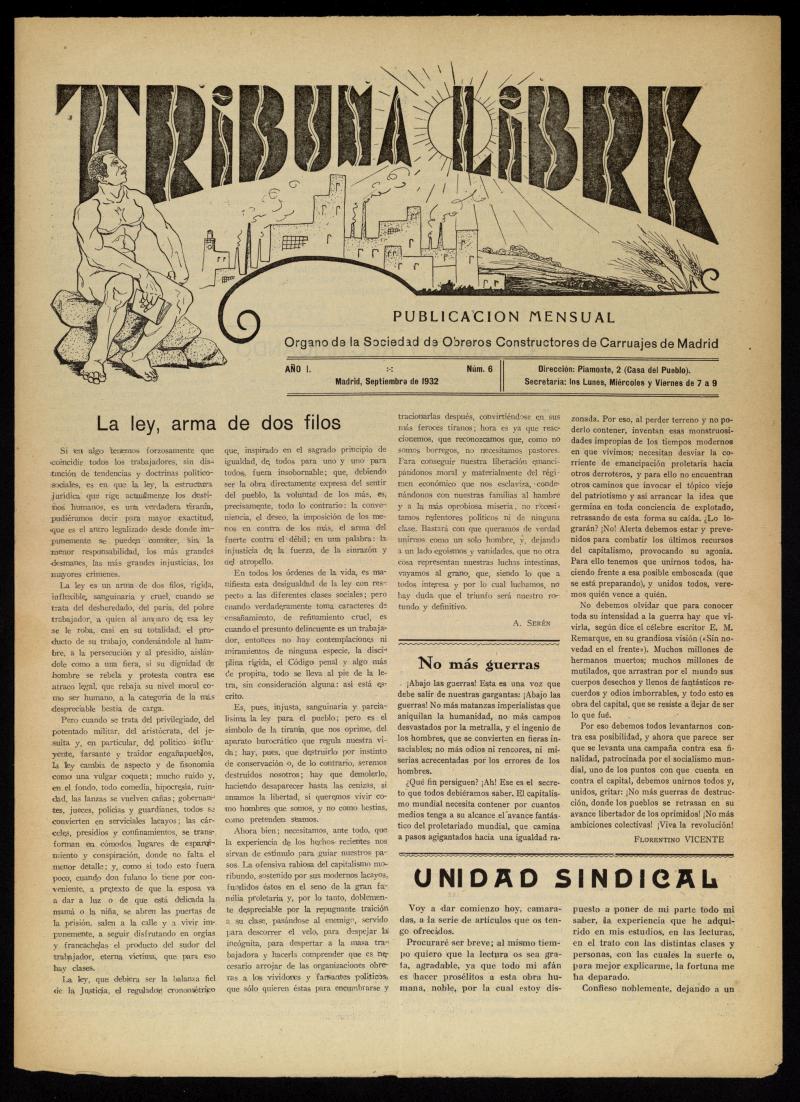 Tribuna Libre: Órgano de la Sociedad de Obreros Constructores de Carruajes de Madrid. Septiembre de 1932. Número 6
