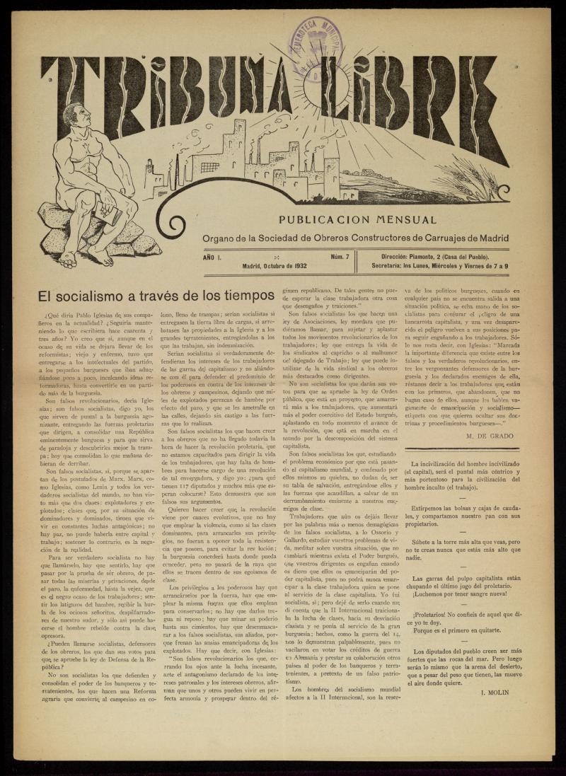 Tribuna Libre: Órgano de la Sociedad de Obreros Constructores de Carruajes de Madrid. Octubre de 1932. Número 7