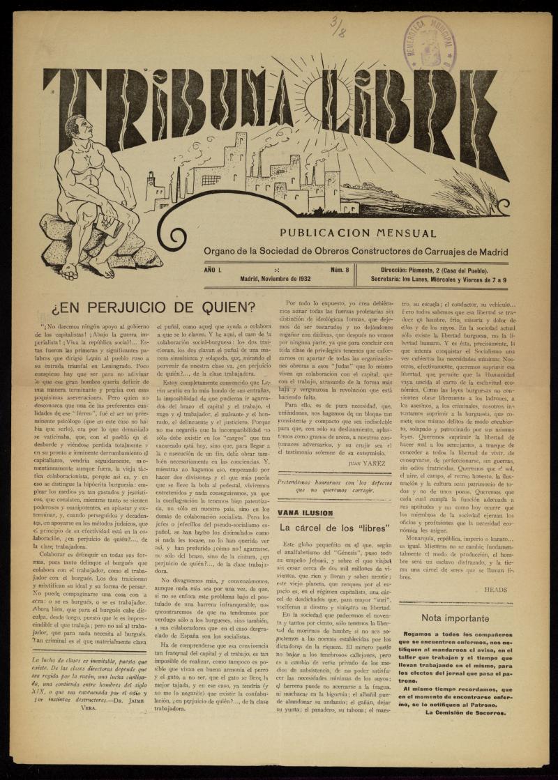 Tribuna Libre: Órgano de la Sociedad de Obreros Constructores de Carruajes de Madrid. Noviembre de 1932. Número 8