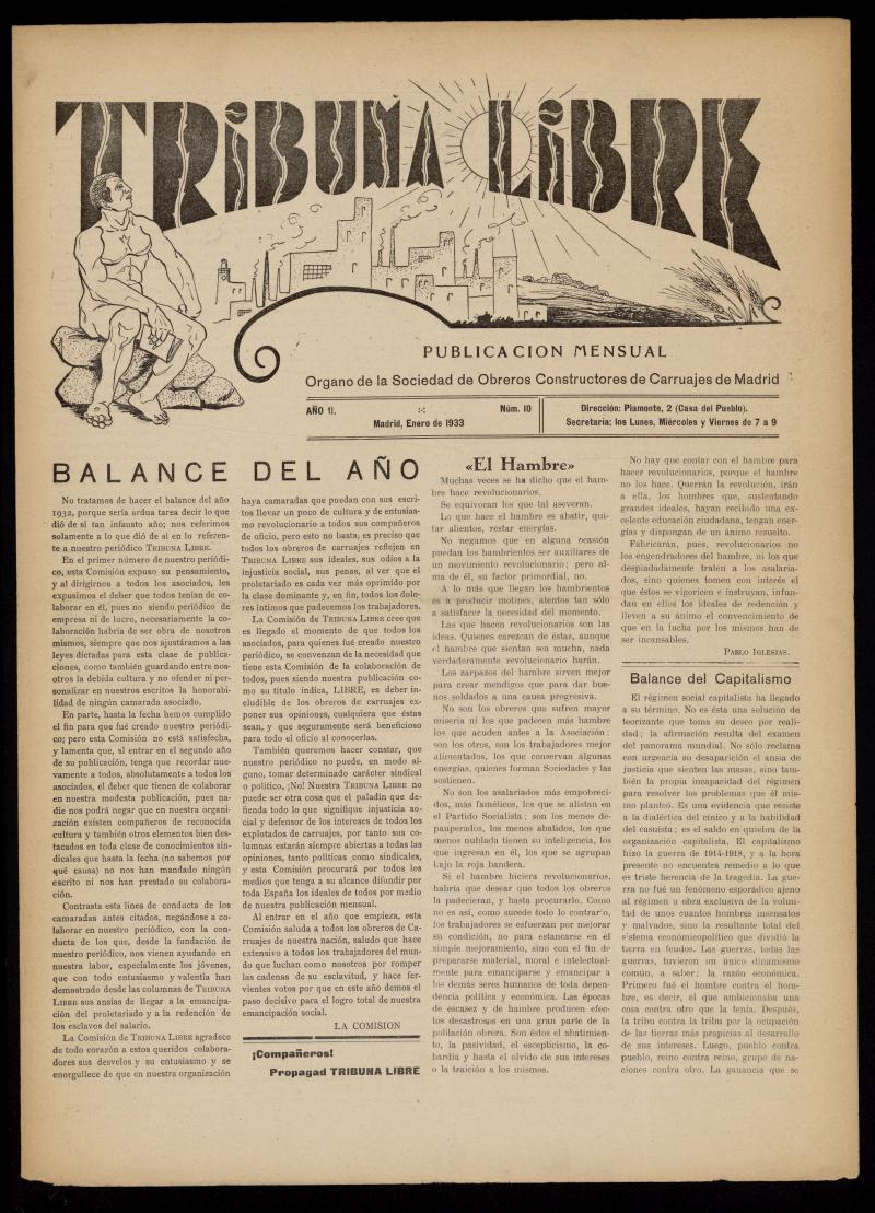 Tribuna Libre: Órgano de la Sociedad de Obreros Constructores de Carruajes de Madrid. Enero de 1933. Número 10