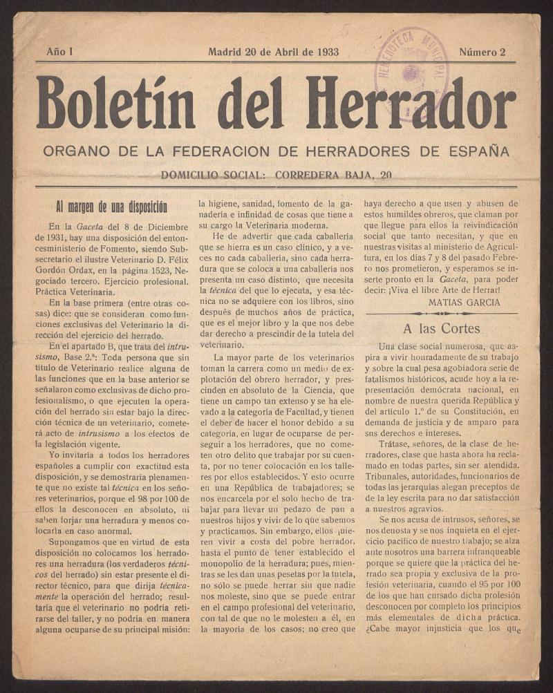 Boletn del Herrador : rgano de la Federacin de Herradores de Espaa del 20 de abril de 1933, n 2