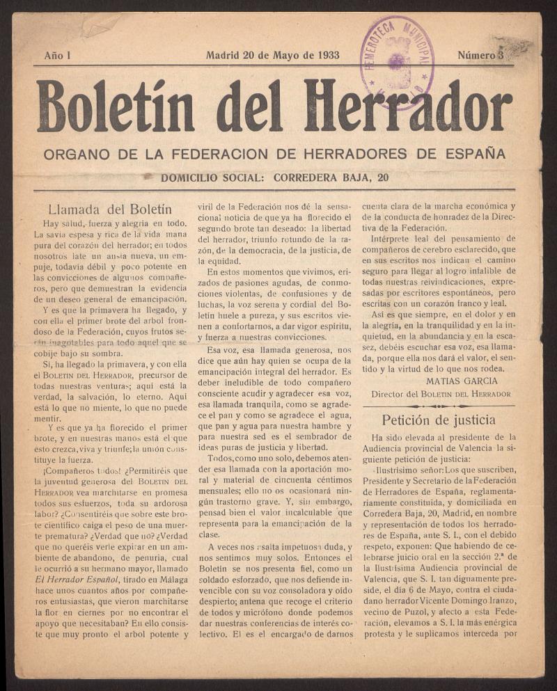 Boletn del Herrador : rgano de la Federacin de Herradores de Espaa del 20 de mayo de 1933, n 3