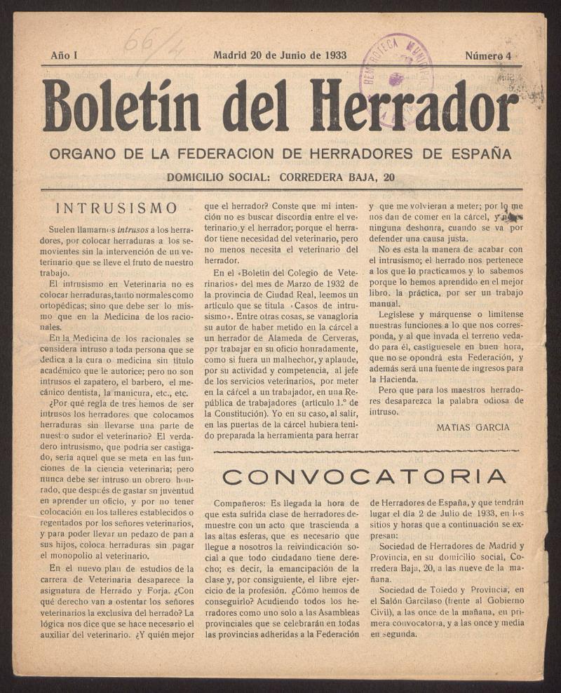 Boletn del Herrador : rgano de la Federacin de Herradores de Espaa del 20 de junio de 1933, n 4